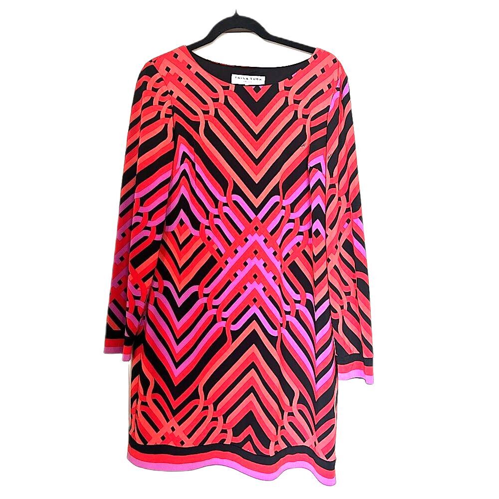 Trina Turk Dress 10 Travel Work Office Red Black Geometric Print Travel M Large
